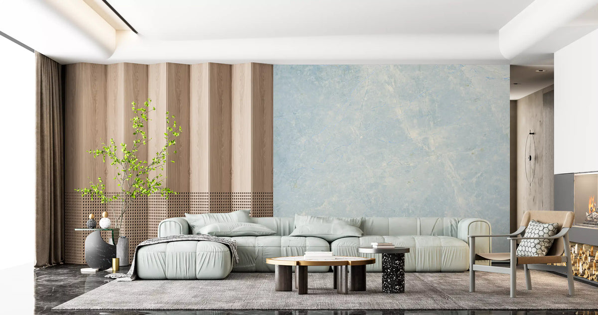 Mint sectional sofa beside wood slat panels with an azure marble wall behind GD14187