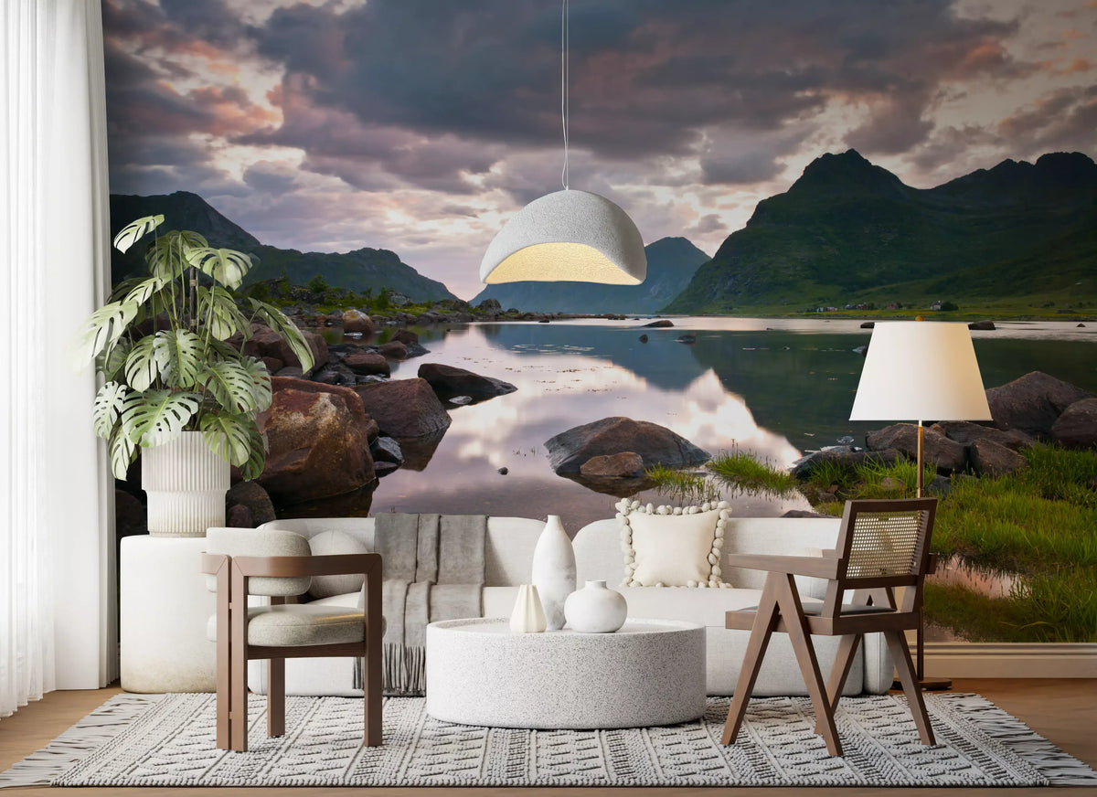 Mountain wallpaper in living room with white pendant, wooden chairs and round table GD14192