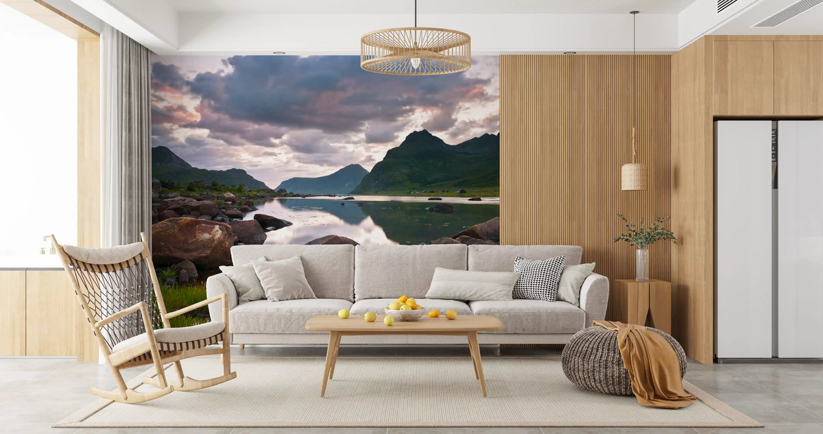 Mountain wallpaper in living room with gray sofa, rocking chair and wood panels GD14192