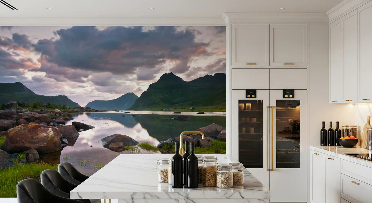 Green mountain lake mural in white kitchen with marble island and wine bottles GD14192