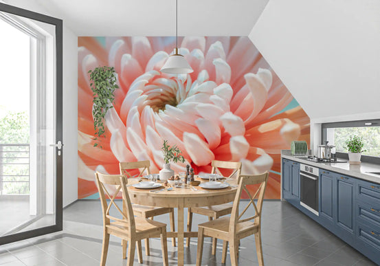 Floral wallpaper mural in kitchen dining area with round wood table and blue cabinets GD14195