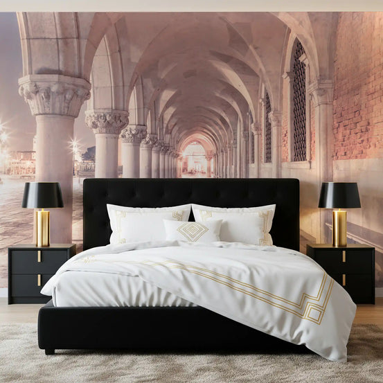 Architectural wallpaper mural behind black bed with gold lamps in bedroom GD14196
