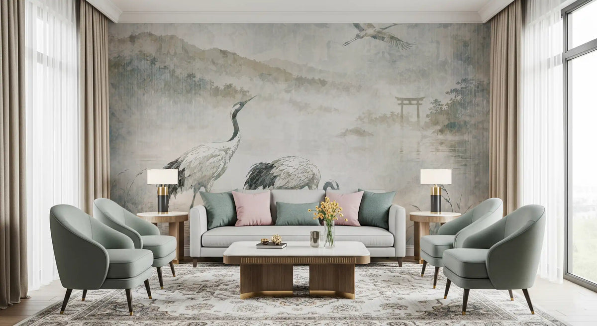 Serene Japanese Landscape & Crane Mural Wall Mural