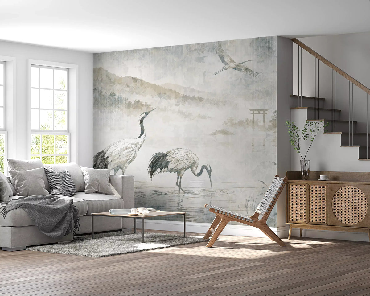 Serene Japanese Landscape & Crane Mural Wall Mural