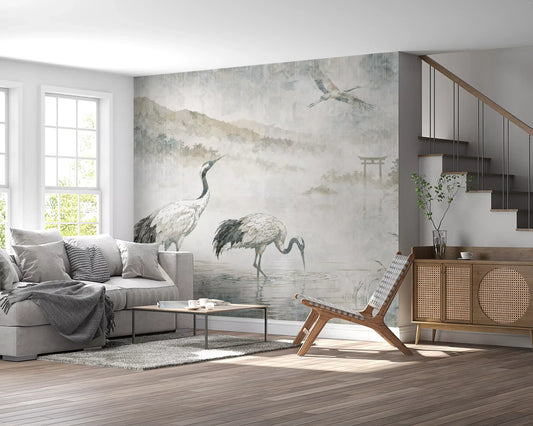 Serene Japanese Landscape & Crane Mural Wall Mural