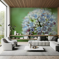 Gray sectional and wood slat ceiling below a macro allium floral wallpaper wall GD14202