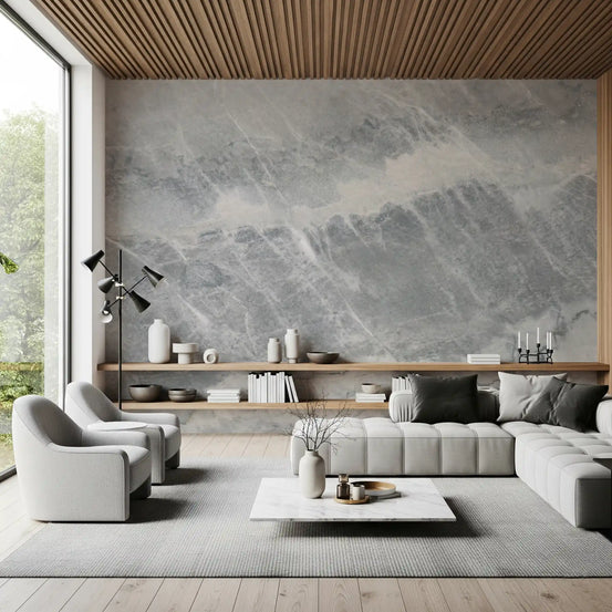 Gray marble wallpaper behind a modular sectional under a wood slat ceiling GD14203