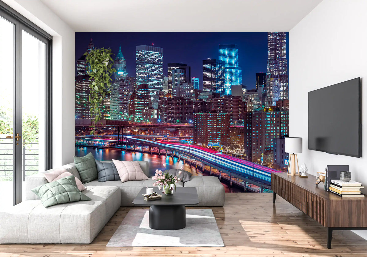 New York wallpaper in a living room with white sectional, TV and walnut console GD14205