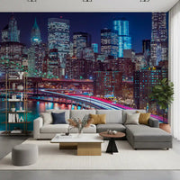 Gray sectional with mustard cushions and gold shelving by a blue skyline wall GD14205