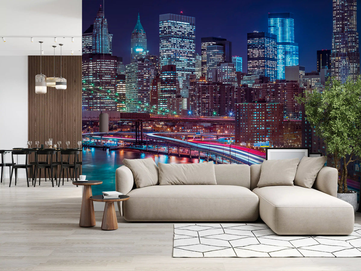 New York wallpaper in an open plan room with beige sectional and hexagon rug GD14205