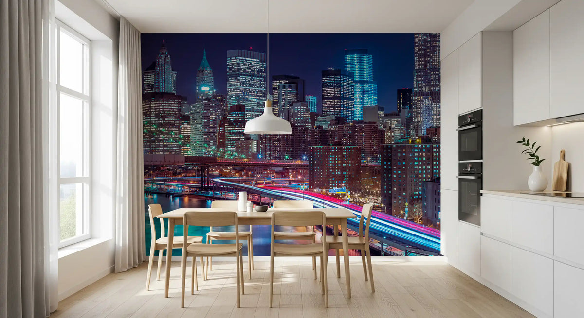 Kitchen with light wood dining set and white cabinets under a night skyline mural GD14205