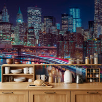 Kitchen counter with wood shelves, dishes and kettle against a city lights mural GD14205