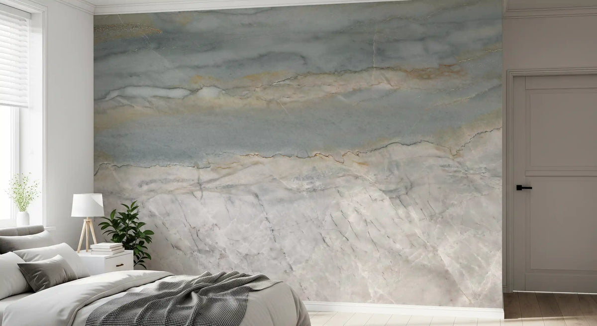 Bedroom with gray bedding, white door and a blue gray marble wall mural GD14204