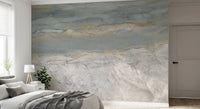 Bedroom with gray bedding, white door and a blue gray marble wall mural GD14204