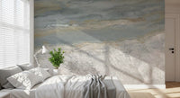 Bedroom with white bedding, window blinds and a soft gray marble feature wall GD14204