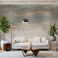 White sofa, arc floor lamp and walnut coffee table against a marble mural GD14204