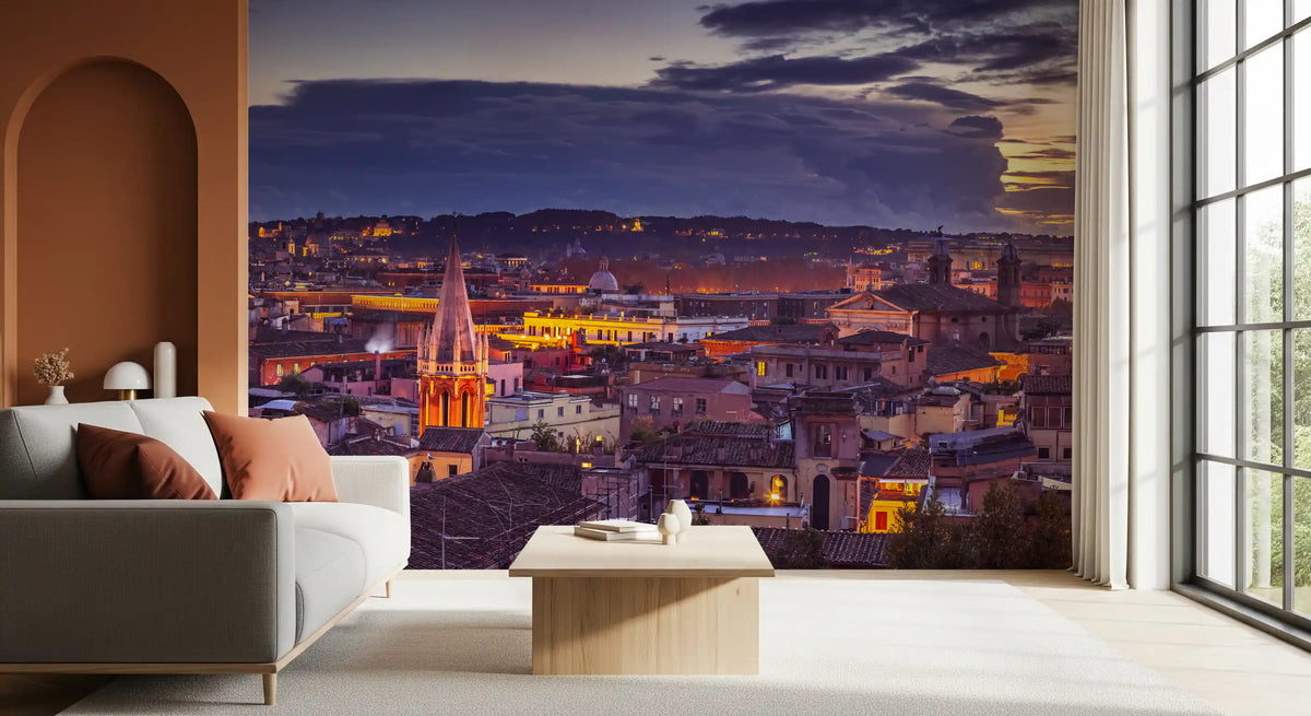 Rome wallpaper beside a terracotta arch with gray sofa and rust cushions GD14206