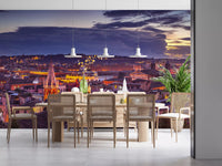 Rome wallpaper in a dining room with cane chairs and three white pendants GD14206