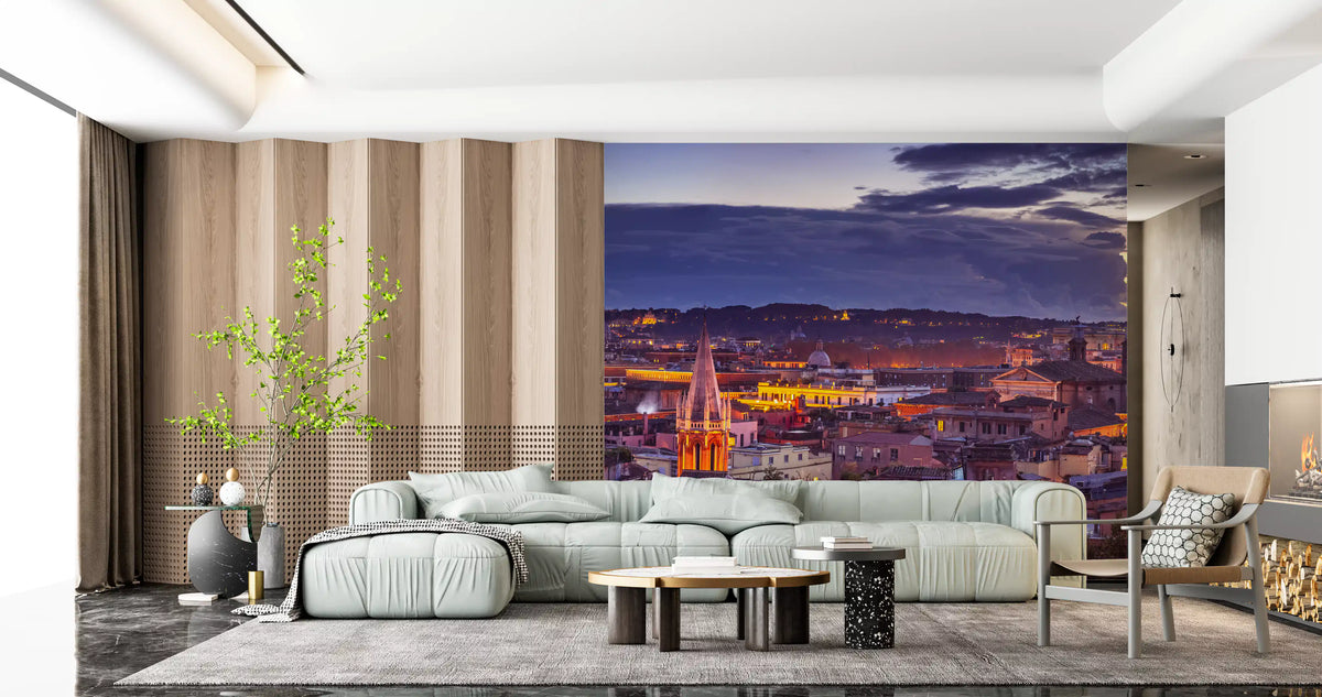 Mint sofa, wood slat panels and dark marble floor with a Roman rooftop mural GD14206