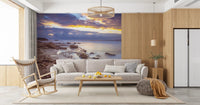Gray sofa, wooden rocking chair and rattan pendant with a coastal rock mural GD14207