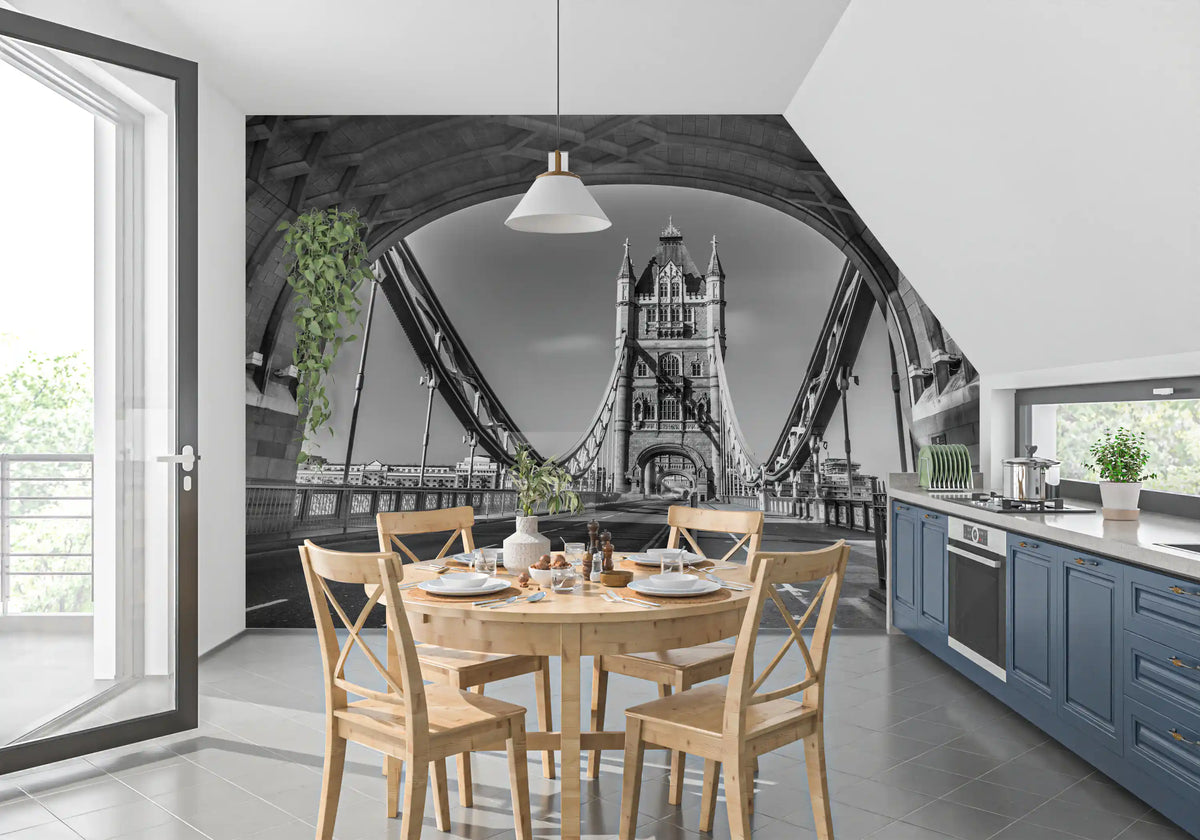 London wallpaper in a kitchen with round wood table and navy cabinets GD14209