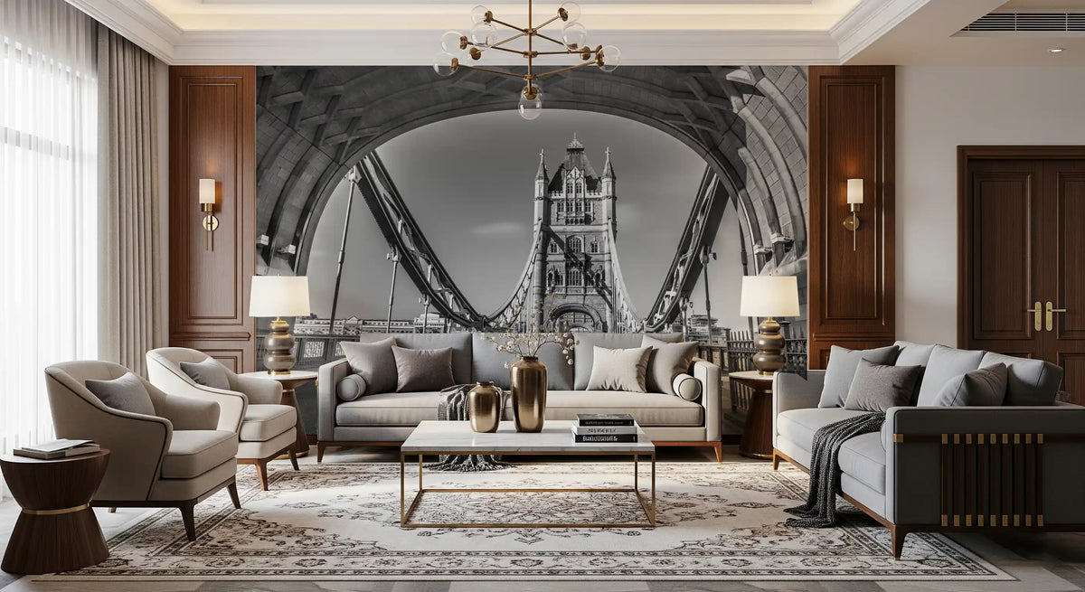London wallpaper in a classic living room with gray sofas, chandelier and ornate rug GD14209