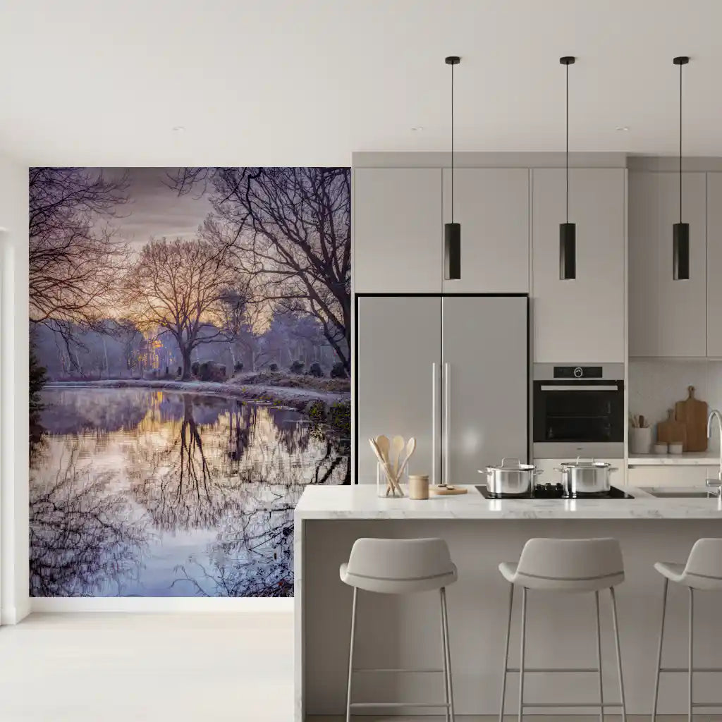 Golden Sunset Reflected in Still Woodland Waters Wall Mural