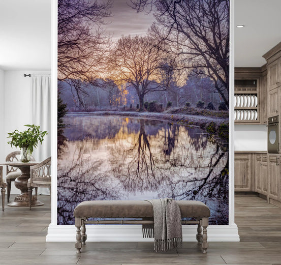 Lake wallpaper mural on a narrow wall behind an upholstered bench by a wooden kitchen GD14210