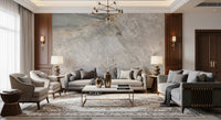 Stone slab mural in a classic living room with gray sofas, wood panels and chandelier GD14211