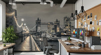 London wallpaper in a home office with dual monitors, cork board and black pendants GD14214