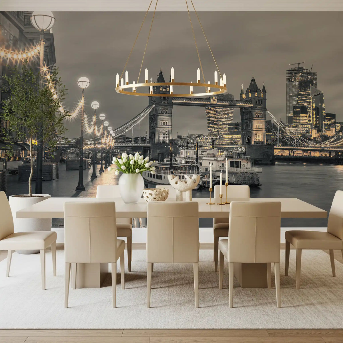 Tower Bridge mural above a long cream dining table with a ring chandelier GD14214