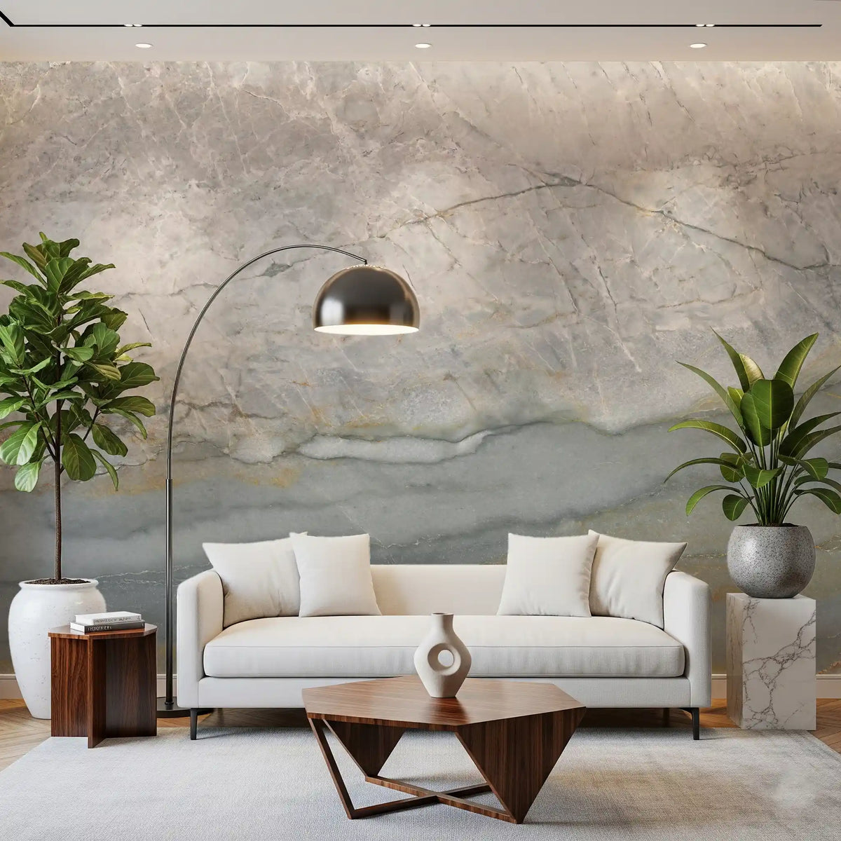 Gray stone mural behind a white sofa, walnut coffee table and arc floor lamp GD14215