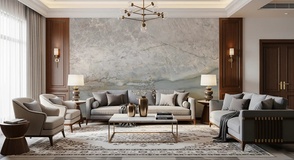 Marble wallpaper in a formal living room with gray sofas, brass chandelier and rug GD14215