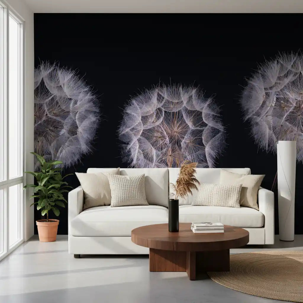 White sofa and round walnut coffee table in front of dandelion wallpaper on black GD14218