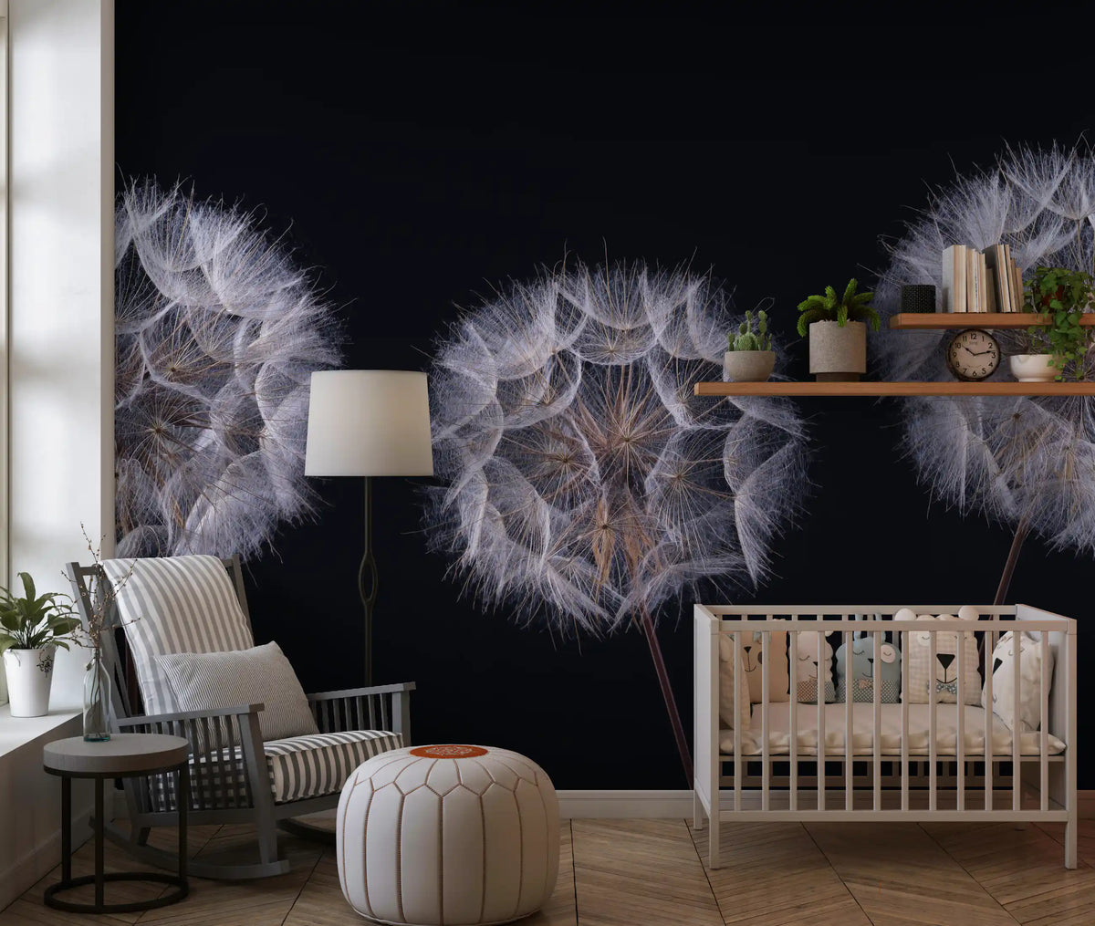Nursery with wooden crib, rocking chair and wall shelf on black dandelion wallpaper GD14218