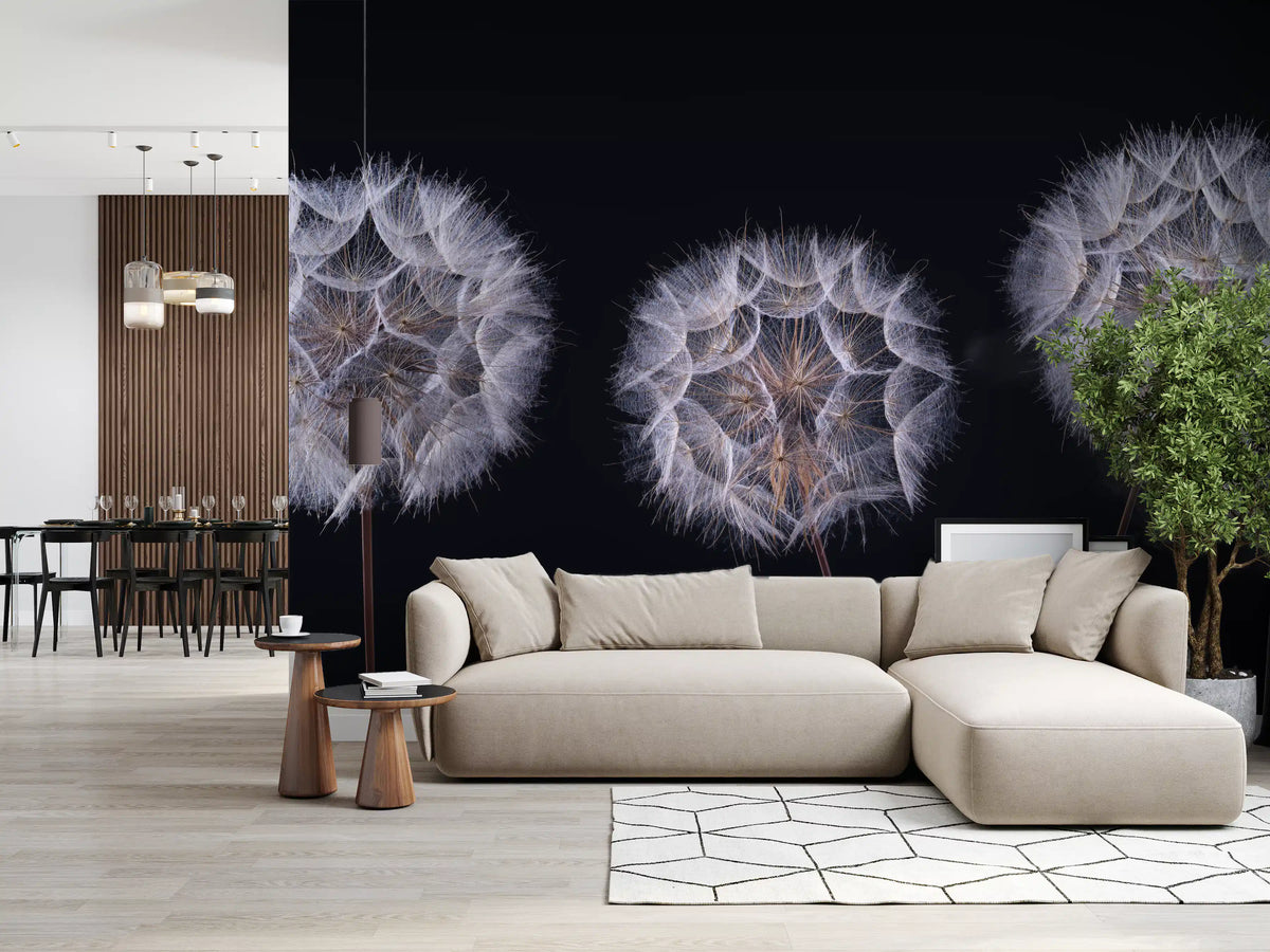 Beige sectional sofa and geometric rug with a dining area behind a dandelion seed head mural GD14218