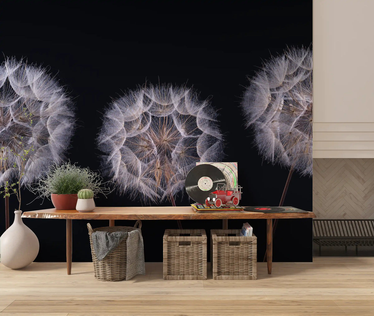 Wood console table with wicker baskets and a record player under a black and white dandelion mural GD14218