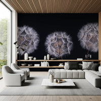 Gray modular sofa, low shelf and slatted wood ceiling on a monochrome dandelion wall mural GD14218