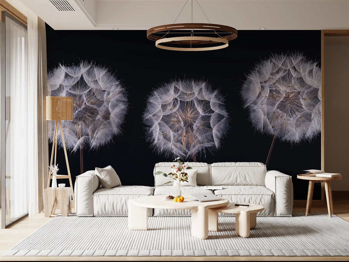 White sofa, ring chandelier and textured rug against dandelion wallpaper with three seed heads GD14218