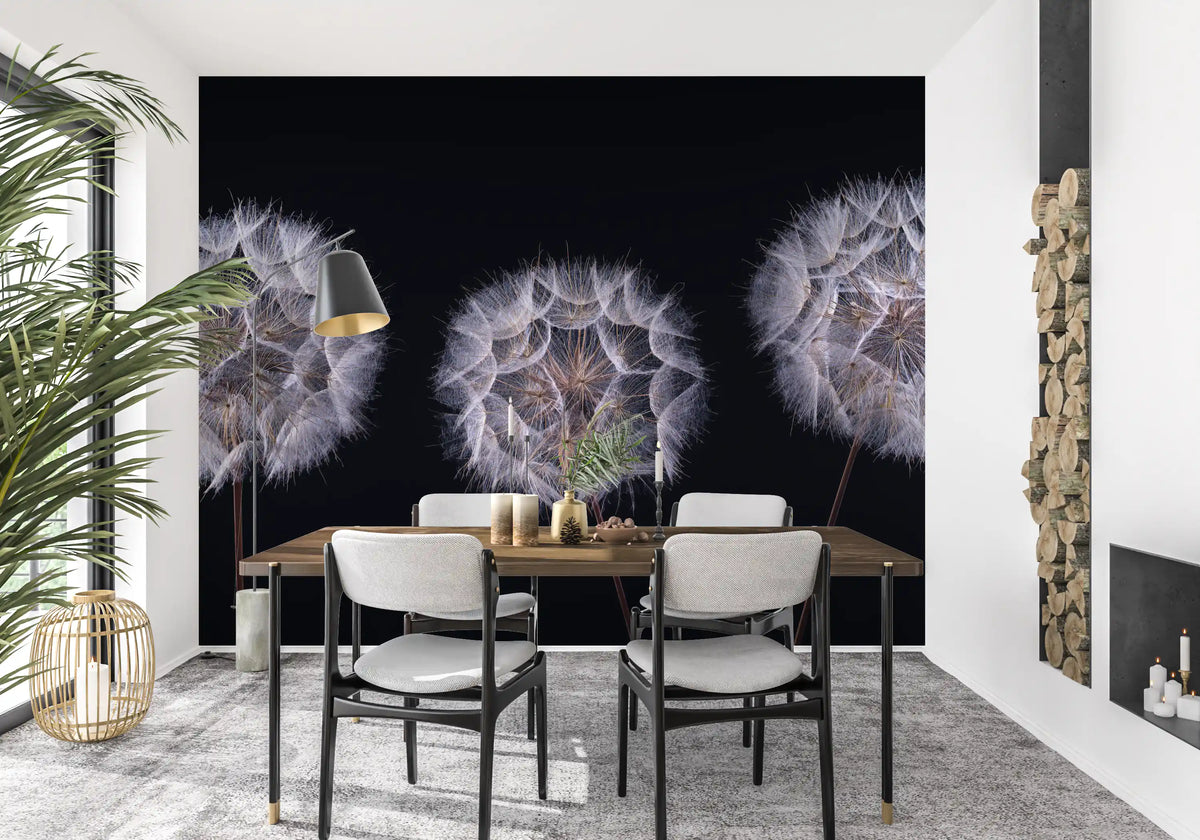 Dining room with dark wood table and gray chairs beside a palm on dandelion wallpaper GD14218