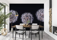 Dining room with dark wood table and gray chairs beside a palm on dandelion wallpaper GD14218