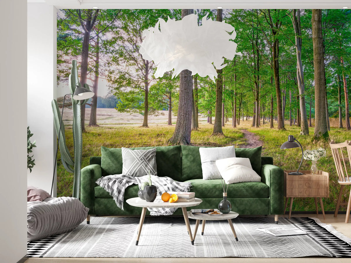 Green velvet sofa, feather pendant and black and white rug on forest wallpaper with tall trees GD14219