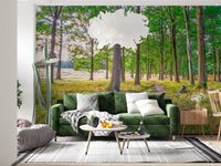Green velvet sofa, feather pendant and black and white rug on forest wallpaper with tall trees GD14219