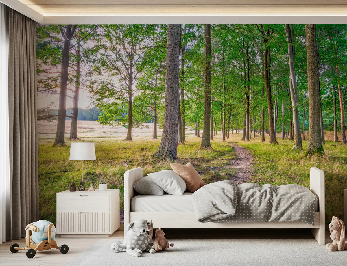 Kids room with white daybed, teddy bears and wooden toy car on forest wallpaper GD14219