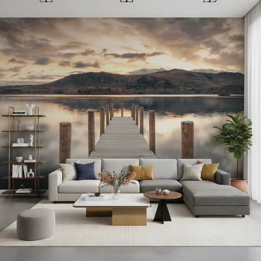 Gray corner sofa, open shelving and white coffee table under lake wallpaper with a golden sky GD14220