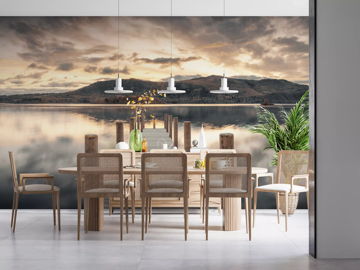 Dining room with rattan back chairs and white pendants against a still lake jetty mural GD14220