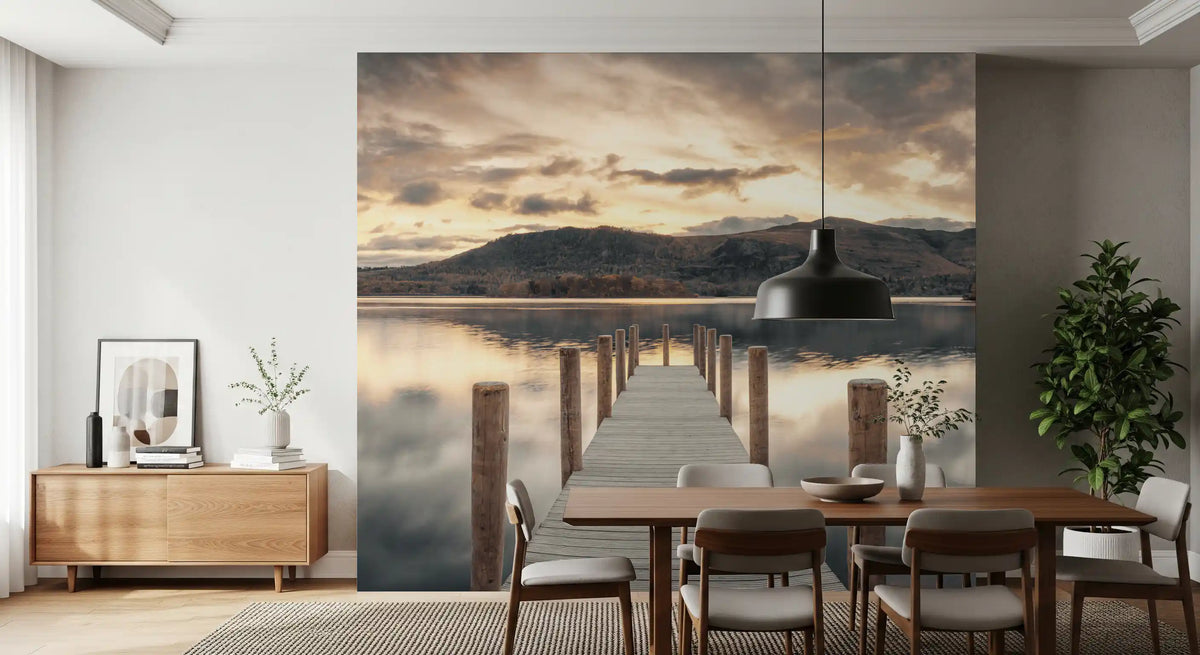 Dining room with dark wood table and black pendant lamp beside lake wallpaper GD14220