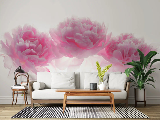 Living room with white sofa, wood coffee table and striped rug on peony wallpaper GD14221