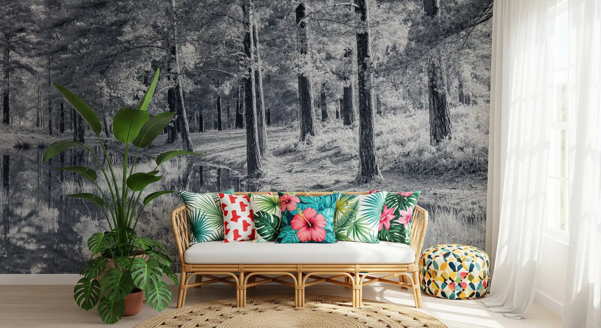 Monochrome Pine Forest Reflection Wall Mural