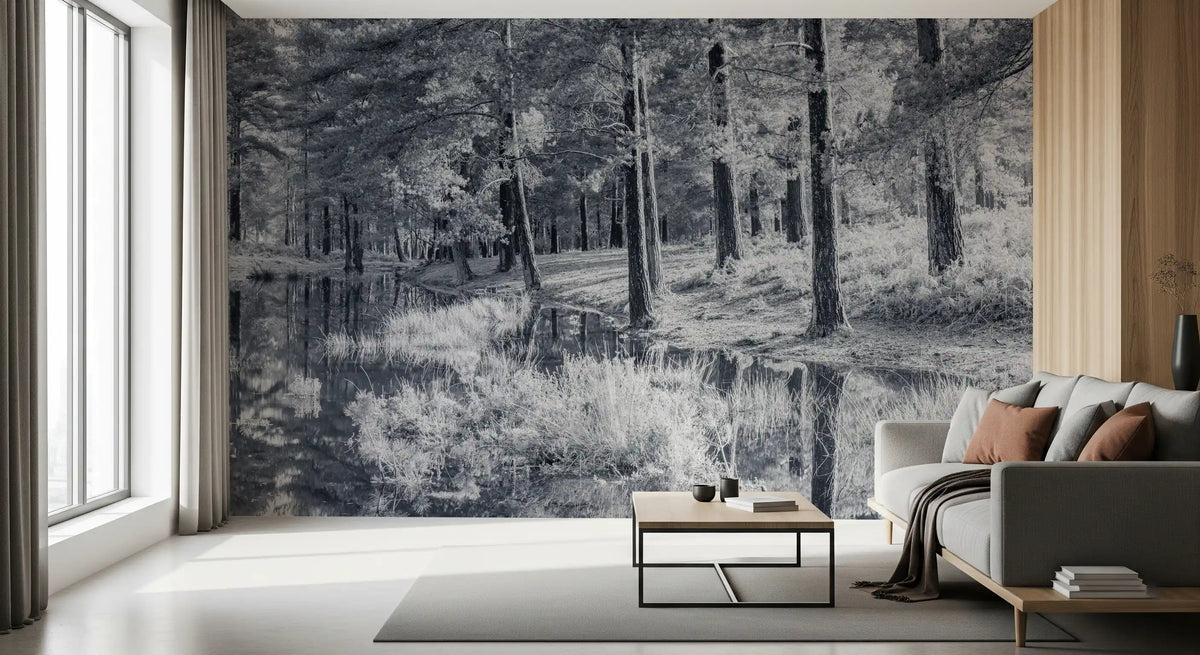 Monochrome Pine Forest Reflection Wall Mural